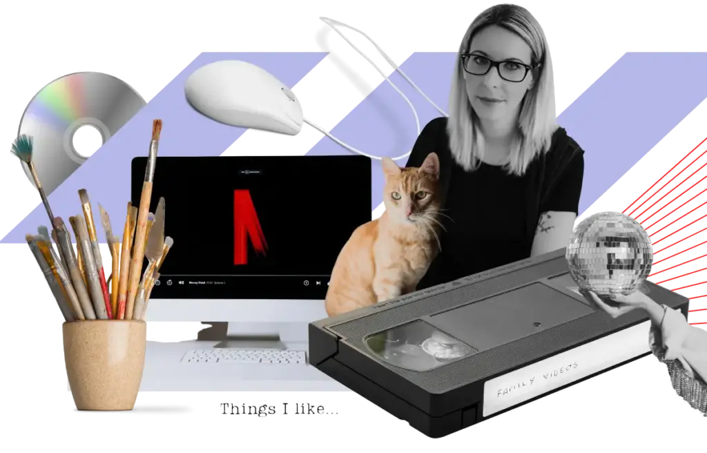 Eine bunte Collage mit mir, Nicole Grabenwarter. Auf meinem Schoß eine rote Katze. Eine Katzenpfote ragt aus einem Bildschirm eines 80er Jahre PC´s, dann liegt da auch eine Videokassette auf der Familien Videos steht. Im Hintergrund sieht man 80er Musterungen.