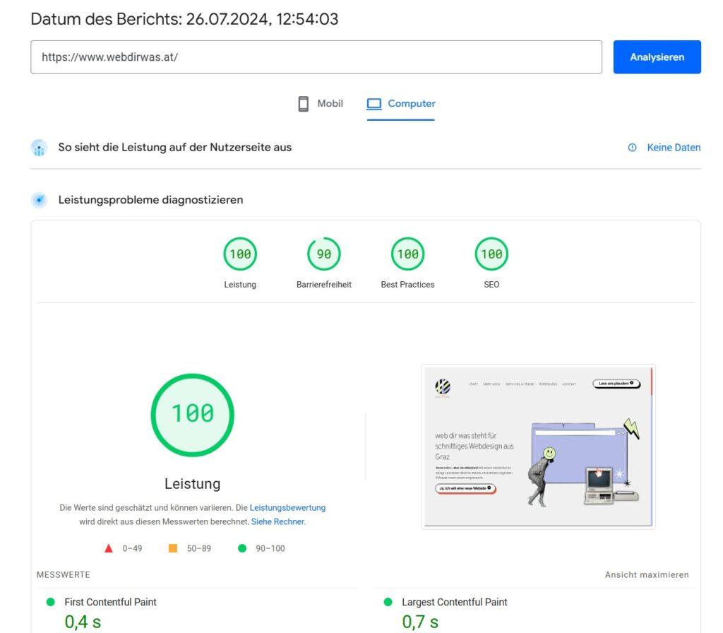 Messung Bericht Page Speed mit 100% für Desktop