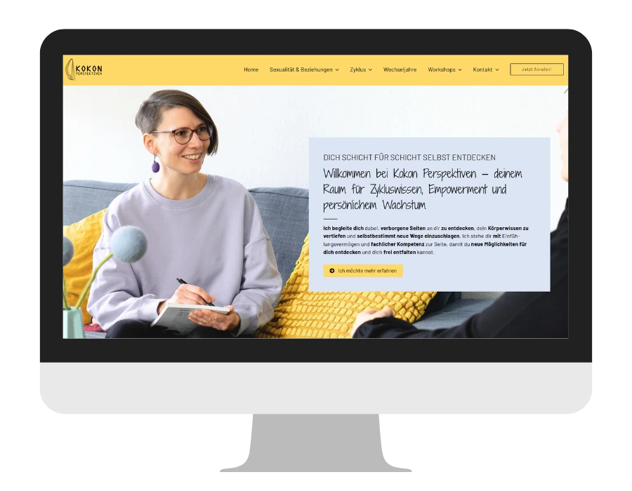 Ein PC Bildschirm auf dem Website von Ricarda Thiele von Kokon Perspektiven zu sehen ist. Ricarda ist Sexualtherapeutin