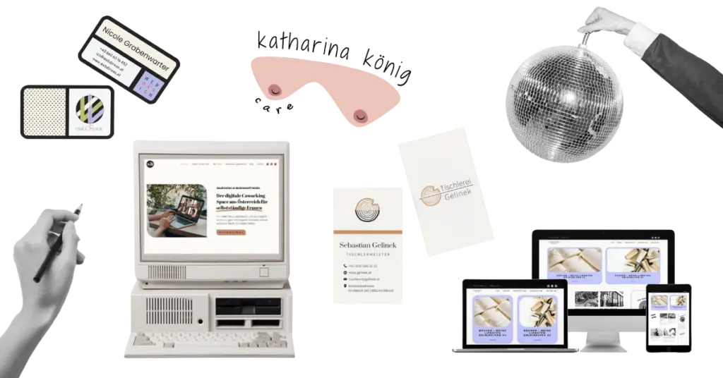 Collage einer Hand die eine Diskokugel hält, daneben Ausschnitte von einem Logo, Websites und Visitenkarten.