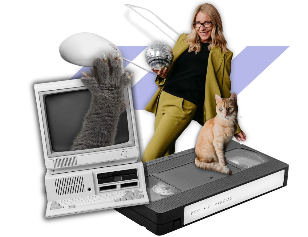 Collage mit Nicole Grabenwarter, die eine Diskokugel hält, daneben Ausschnitte von einem alten Computer aus dem eine Katzenpfote ragt, die eine Computermaus betatscht. Ein roter Kater der auf einer Videokassette sitzt.