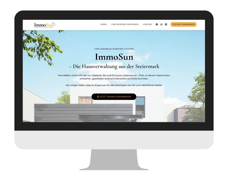 Desktop Bildschirm mit der Website der Hausverwaltung ImmoSun