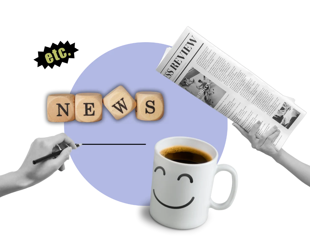 Collage auf der viele Dinge abgebildet sind. Eine Hand die eine Zeitung hält. Holzwürfel die das Wort News ergeben und eine Kaffeetasse mit Smileygesicht.