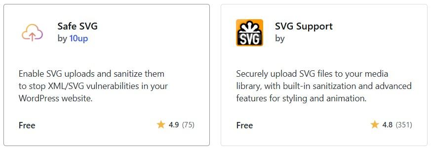 Screenshot zum Beitrag Bilder für Websites optimieren. Man sieht 2 WordPress Plugins, die einen sicheren SVG Datei-Upload garantieren. SVG Dateien sind für Websites optimierte Bildformate. Mehr dazu im Text im Anhang.